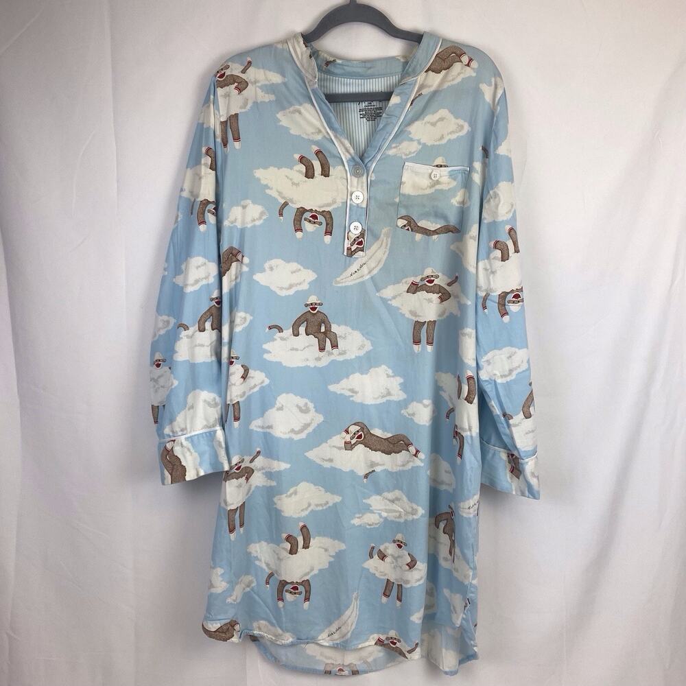 Nick & Nora Sock Monkey On Clouds Night Gown Sleep Shirt Dress Cotton Size XXL